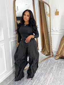 Women's Slim-Fitting Top & Wide-Leg Pants Set, Ladies' Unique Casual Chic Commuter Ensemble, Spring and Fall