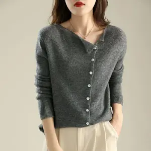 French Retro Round Neck Single-Breasted Cashmere Knitted Cardigan for Women, Autumn Thin Casual Versatile Slimming Outerwear Top