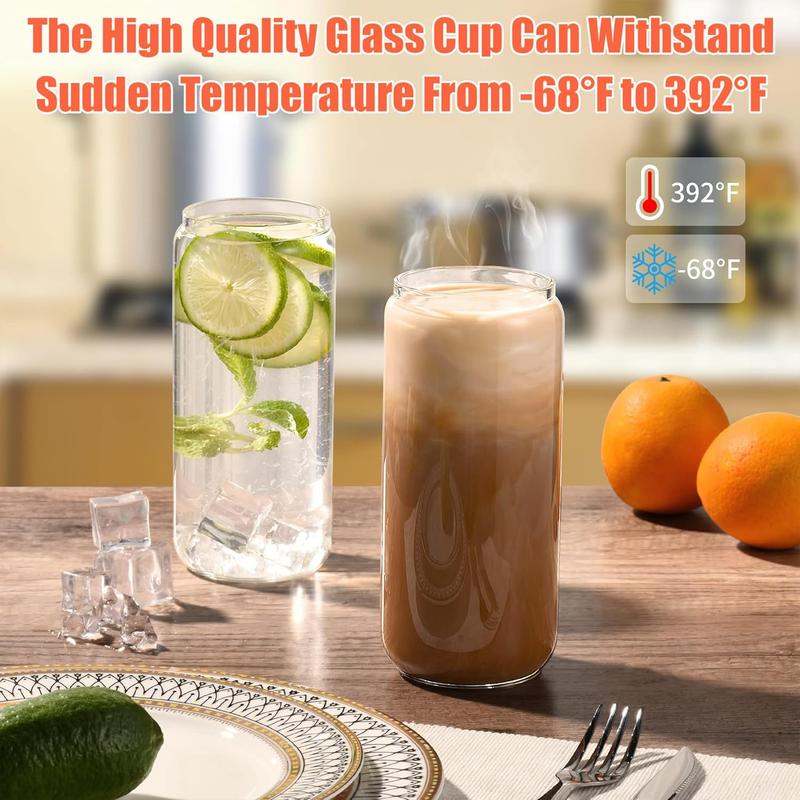 12 Pack 16oz Clear Round Glass Cups with Bamboo Lids Bent Straws Brushes Large Capacity Home Office Beverage Cup Set