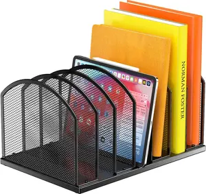 7-Section Metal Upright File Sorter Organizer, Small Desktop Letter Sorter for Office, Metal Mesh Iron Sole Desktop File Storage Organizer, Black