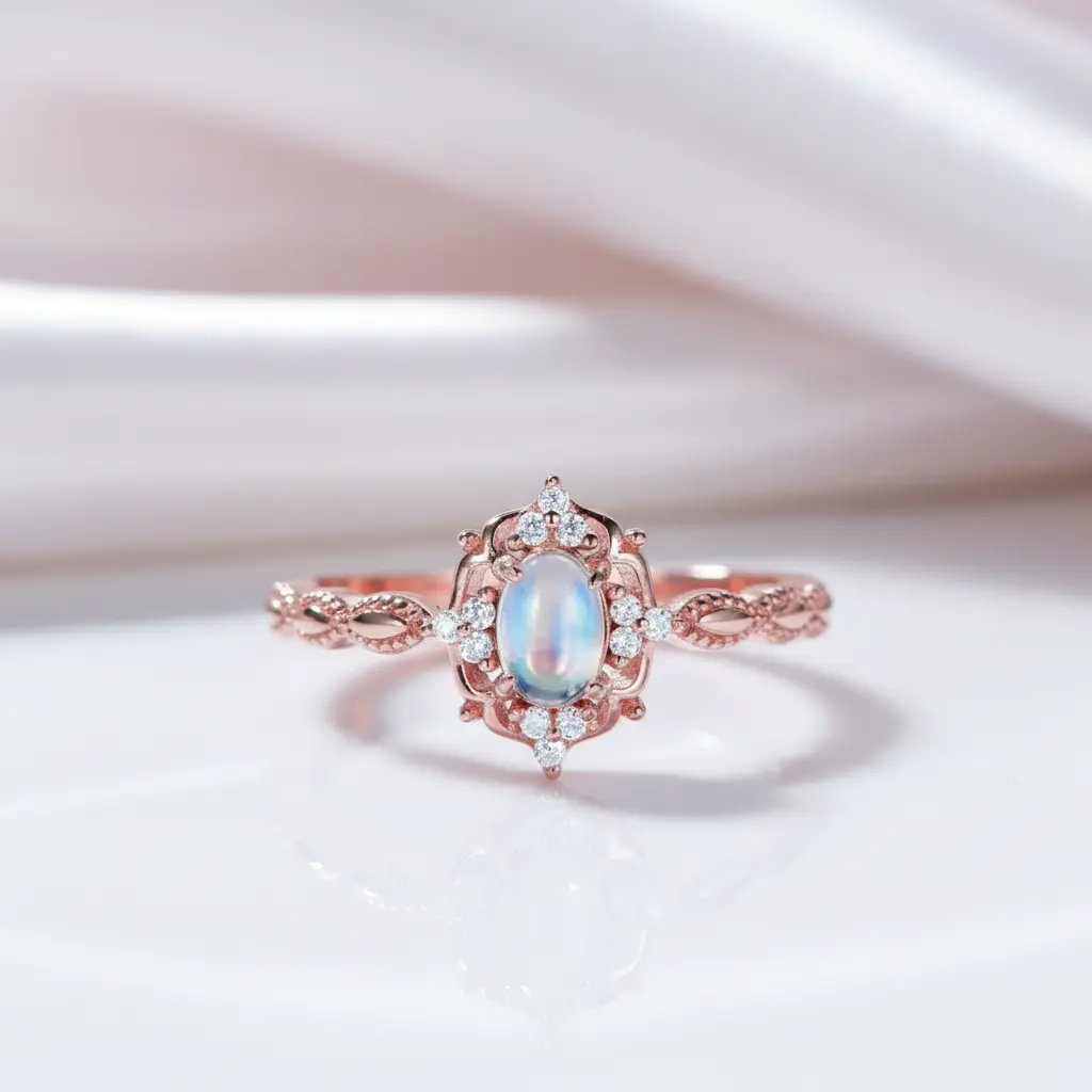 14k Gold Cabochon Moonstone .7ct Oval Cut Engagement Ring