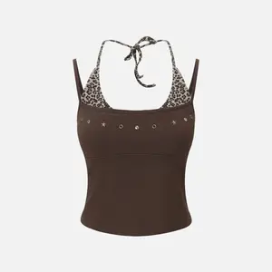 Aelfric Eden Leopard Halter Studded Cami Top Slim Fit Contrast Leopard Print Panel & Studded Detail Halter Neck Tie Casual Y2K Retro Streetwear Top