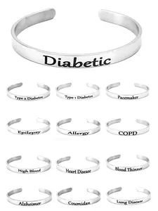 Diabetic Letter Print Stainless Steel Cuff Bangle, Fashionable Jewelry for Women & Men, Trendy All-match & Exquisite Jewelry for Birthday Gift, Stainless Steel Bracelets