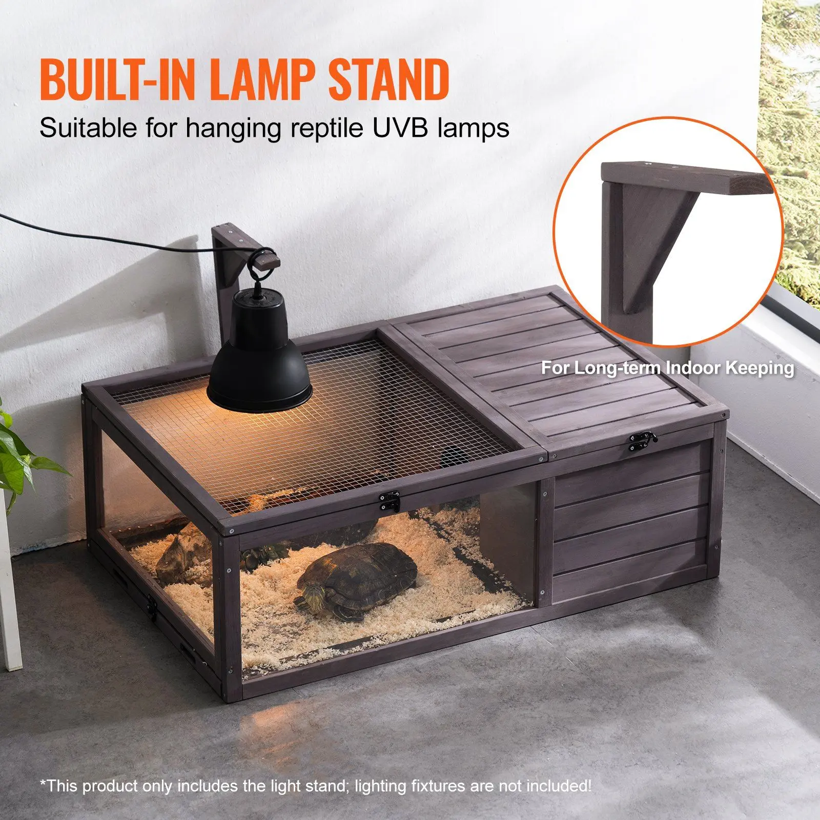 VEVOR Cedar Wood Tortoise Habitat, 2-Room Indoor-Outdoor Tortoise House with Pre-Drilled Panels, Hanging Light Stand, Integrated Plastic Tray, Lockable Top Cover, Mesh, Outdoor Pen/Hutch, UVA+UVB Intake, 38x24x13in