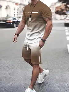 Men's 3D Summer Knitted Short Sleeve T-Shirt + Shorts Set, Casual Slim-Fitting Knee-Length, Fashionable Sportswear for All Seasons