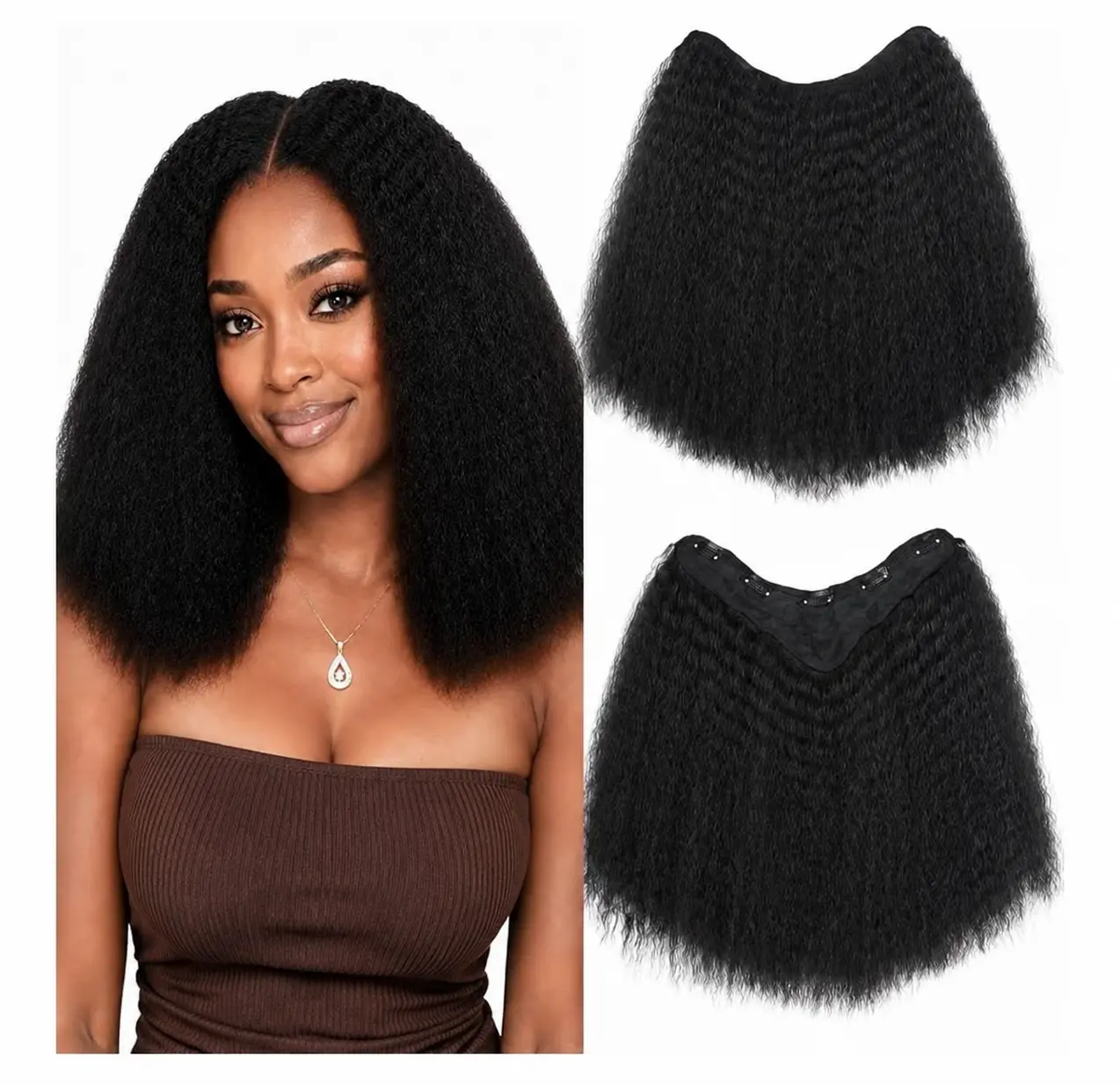Kinky Straight V Part Clip-In Hair Extension – 16 Inch Natural Black Yaki