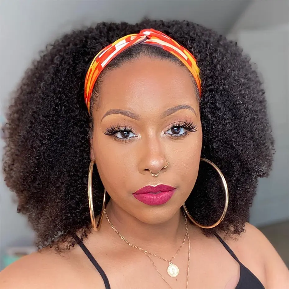 Bling Hair Headband No Glue Human Hair Wig Kinky Curly Full Machine Made Brazilian Remy Human Hair Wigs For Women 180% Density #SummerVibes