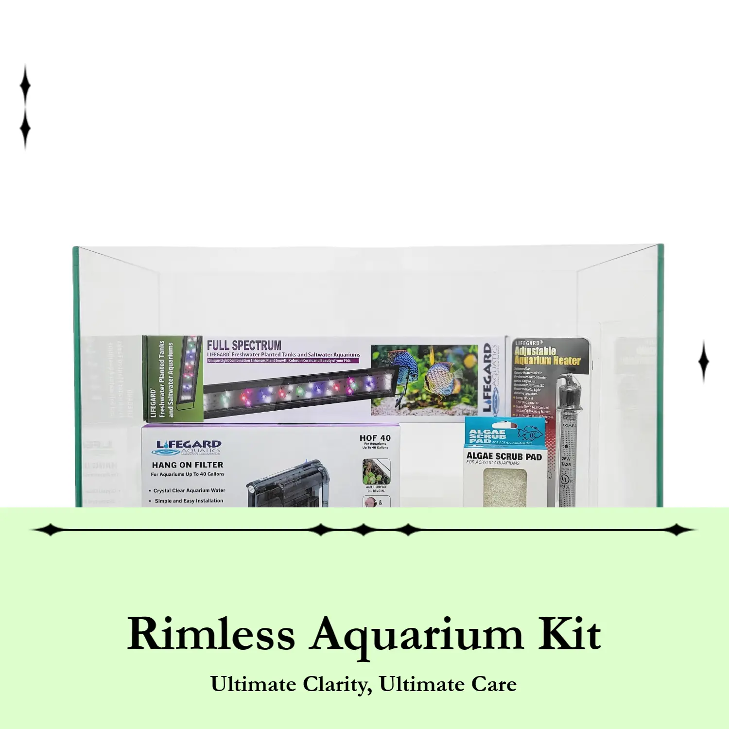Lifegard Aquatics Rimless Ultra-Clear Glass Aquarium Kit - Multi-Size Fish Tank (5/10/15/20 Gal), Full-Spec LED Light, Easy Top Access, 360° Unobstructed Viewing, True Colors, Crystal-Clear Silicone Seams, Aquascape Use, Nationwide Shipping