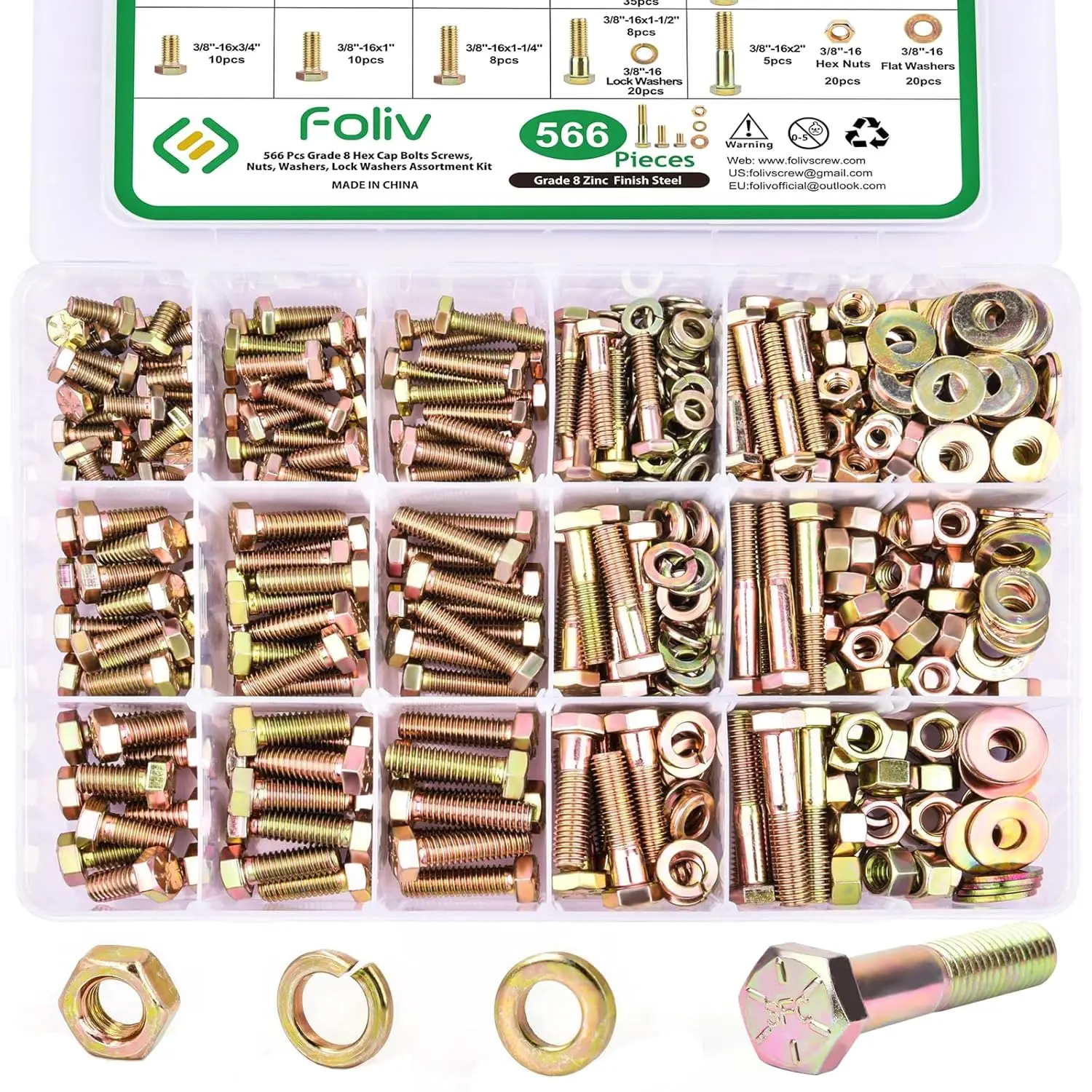 VIGRUE 566Pcs Heavy Duty Bolts and Nuts Assortment Kit, Grade 8 Hex Screws Bolts Nuts Kit, 1/4-20 5/16-18 3/8-16, 15 Common Sizes Included
