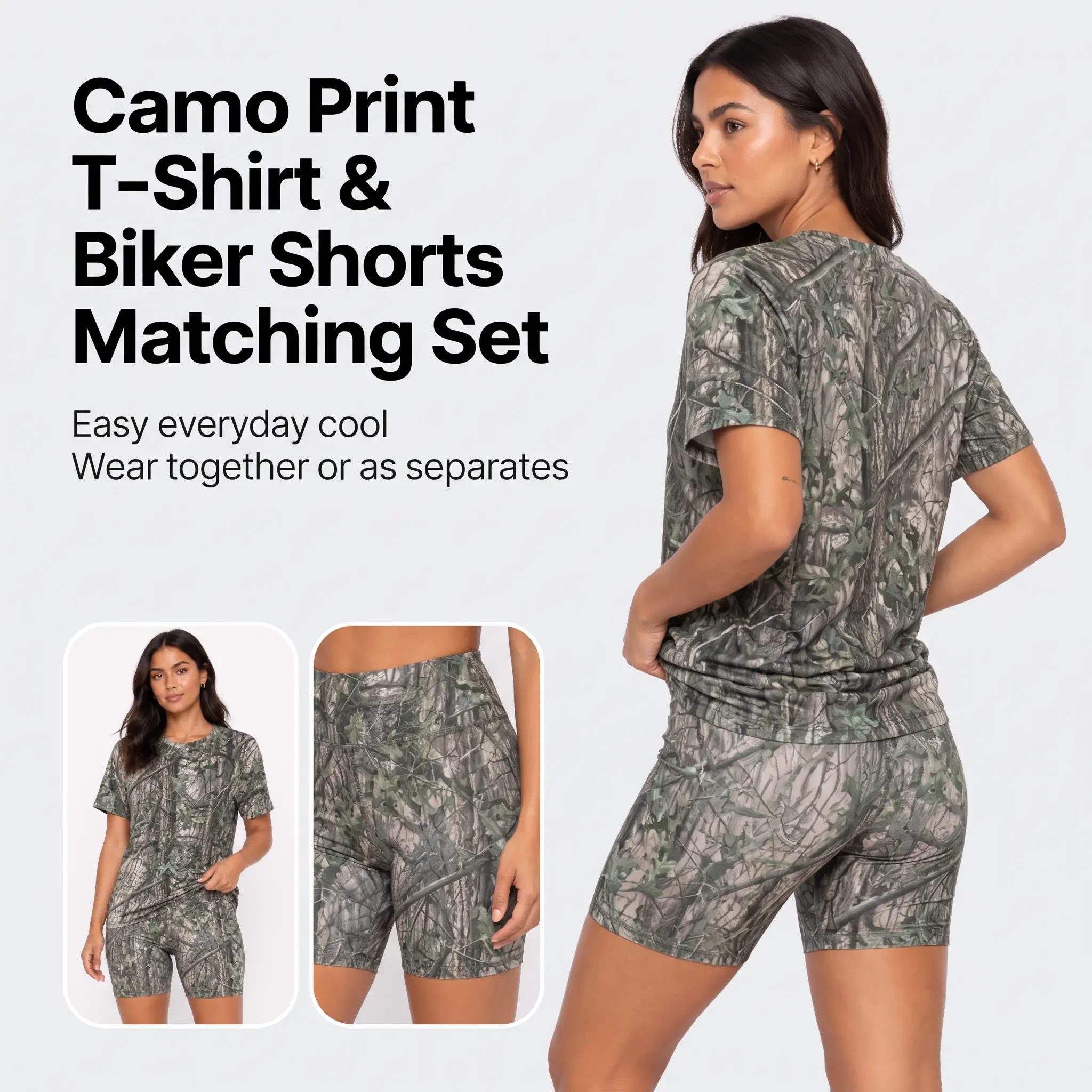 Women's Camo Print T-Shirt & Biker Shorts Set – Matching Short Sleeve Top and Shorts Outfit Casual Clothes