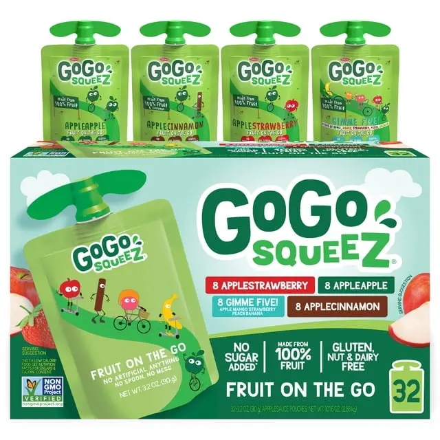GoGo SqueeZ Applesauce Pouches, Variety Pack, 3.2 oz, 32 Count – Unsweetened Fruit Snack Pouches, No Sugar Added Applesauce, On-the-Go Healthy Snacks for Kids & Adults