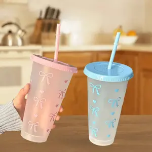 24oz Reusable Cute Bow Plastic Cup with Lid and Straw, Transparent, Ideal for Ice Coffee, Juice, Soda, Beach, Wedding, Party, Office