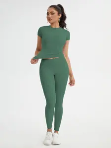 Women's Sportswear Set, Slim-Fit Round Neck Short Sleeves & High-Waisted Yoga Pants, Ideal for Gym Running Outdoor Activities, Stretchy Suit Set, Fitness Outfits, Workout Running Outfits