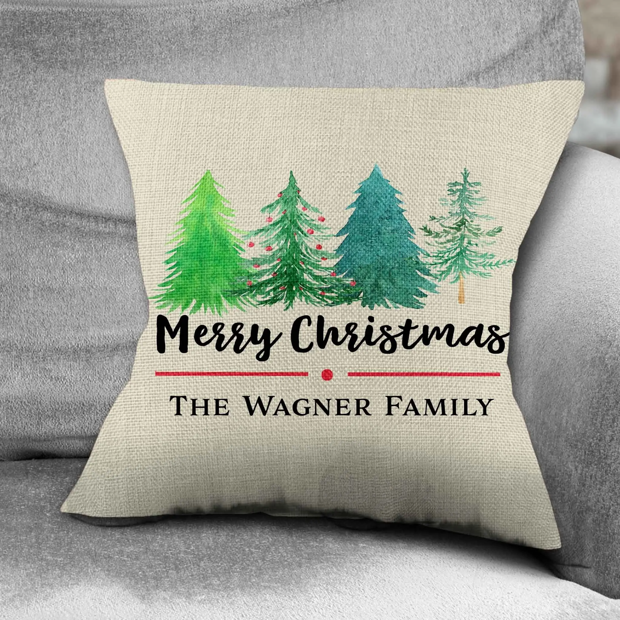 Personalized Throw Pillow | Custom Decorative Pillow | Merry Christmas Watercolor Tree