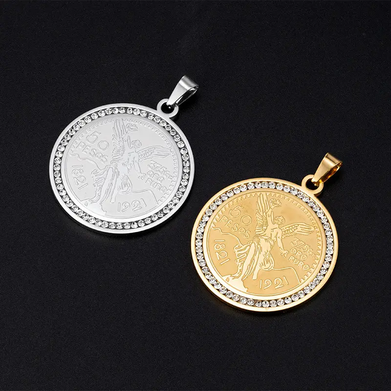 Unisex Stainless Steel Waterproof Mexican Centenario 50 Pesos Pendant Necklace, 1.61" Round Commemorative Pendant, 24"x5mm Cuban Chain & Link, 22g Costume Jewelry, Daily Heritage Accessory, Great Gift for Birthdays