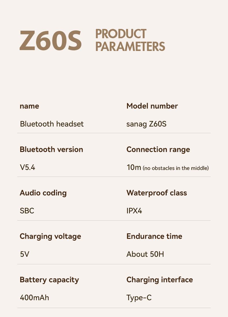 Sanag Z60S Open-ear wireless Bluetooth headset with comfortable wearing, HiFi stereo sound, stable call, and IPX4 waterproof. Perfect for sports, work, and daily use.