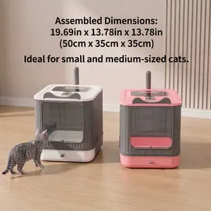 Foldable Enclosed Litterbox for Small & Medium Indoor Cats (Up to 15 lbs) - Durable PP+PS Plastics, Dual Tone, Anti-Tracking Top-Exit Grate, Easy Scoop, Easy-Slide Drawer-Style Tray, Odor Control, Minimalist Grey & Pink Home Decor Space Saver