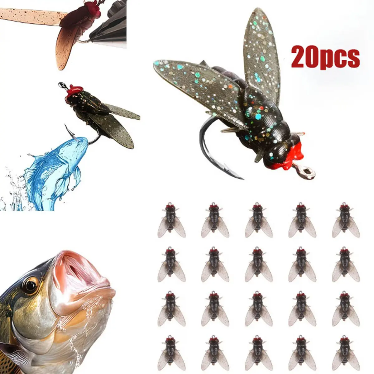 Red Head Soft Body Bionic Fly Lure Hooks (Pack Of 20)  Realistic Soft Lures Designed Specifically For Freshwater Salmon And Trout;Premium Micro Soft Lure Gear For Outdoor Lure Fishing Enthusiasts