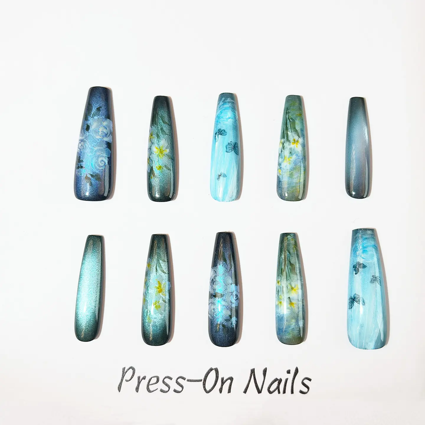 Long Tapered Reusable Press-On Nails, Blue-Green Watercolor Gradient with Butterfly Prints, Shimmer Finish, for Vacations & Garden Parties, Multicolor Nail Art Accessory