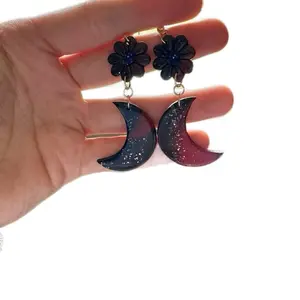 Polymer Clay Galaxy Themed Moons with Flower Attachments Earrings Hooks - Colorful Crescent Moon Design with Floral Accents