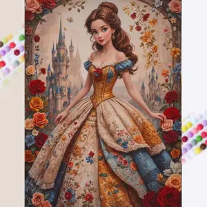 1 DIY diamond painting kit, 5D diamond art set, DIY decoration, castle, long dress, flowers. The diamond painting kit features full round diamonds, mosaic, diamond art, DIY art home decoration, suitable for Christmas.