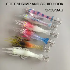 3-Piece Set, 11cm/4.33in Glow-In-The-Dark Squid Clips Fish Lures, Fishing Lures Kit, Soft Shrimp & Squid Hooks, Abs Material, Lead-Free, Boxed