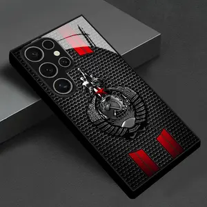 Scythe Hammer Badge Pattern Advanced Glass Phone Case Cover, High-Quality Business Style for Samsung S25-S20, Note10-Note20, a Series