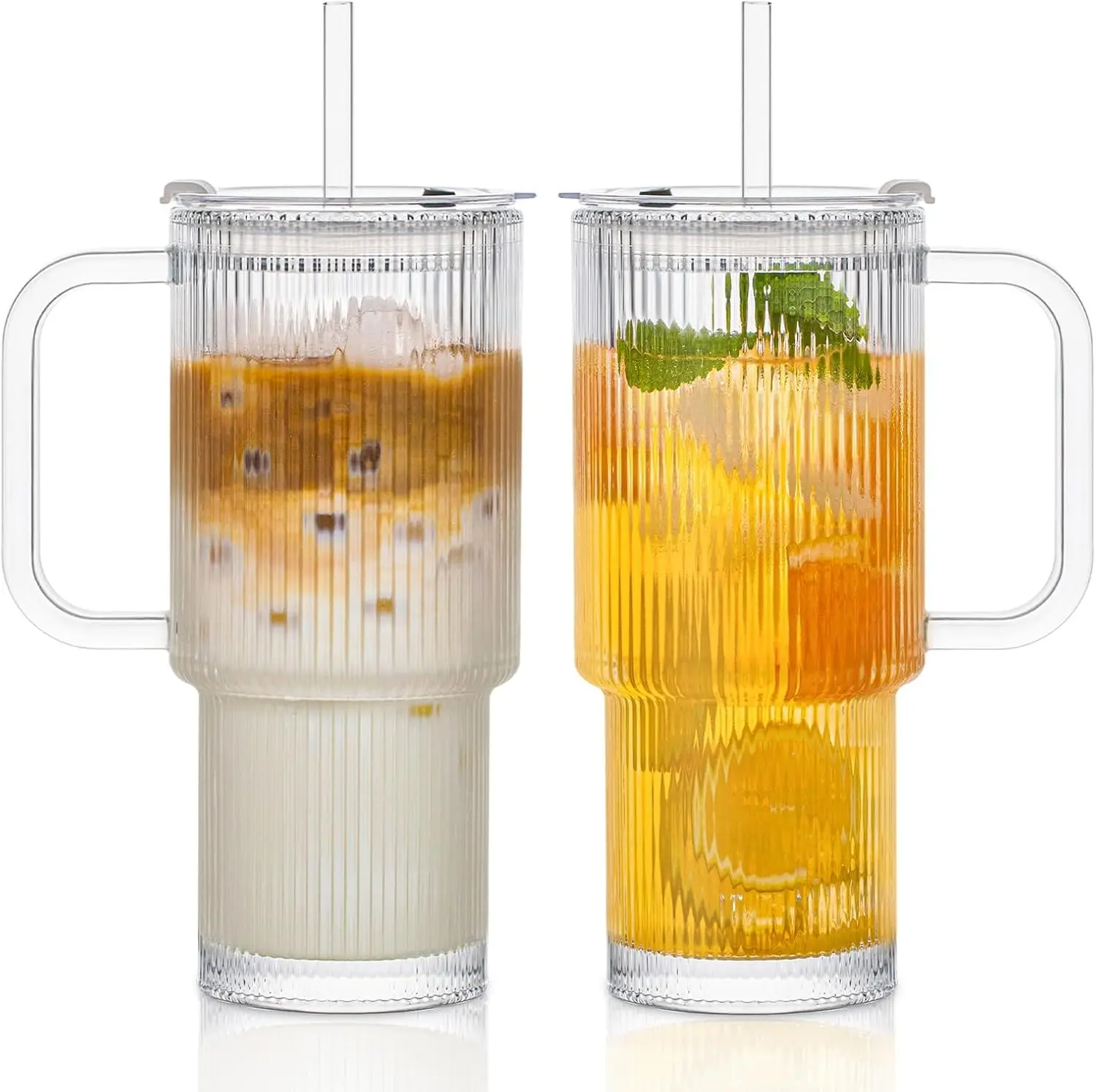 16.9oz Ribbed Glass Tumbler Leakproof with Handle Set of 2 Cute Drinking Glass with Lid and Straw, Vintage Glass Perfect for Cocktails, Smoothies, Juice, Beer and Coffee