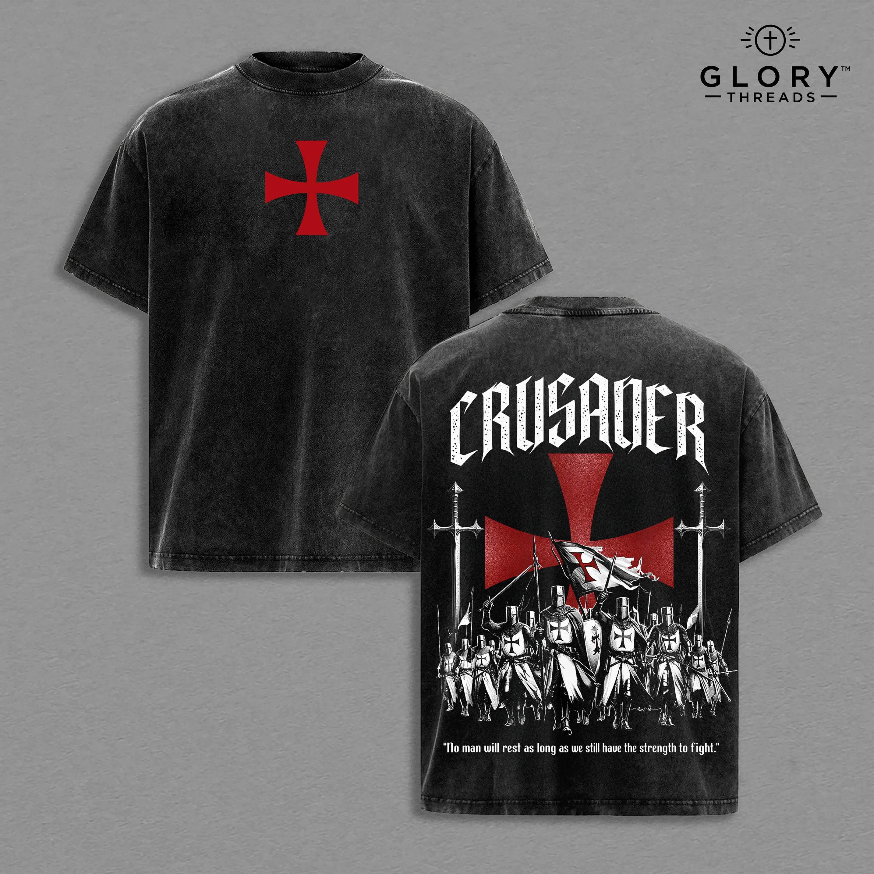 Crusader Vintage Washed Oversized T-Shirt, Templar Cross Knight Army Graphic Tee, Medieval Christian Warrior Streetwear Top, Heavy Cotton Dark Gothic Unisex Shirt, Retro Faith Battle Aesthetic