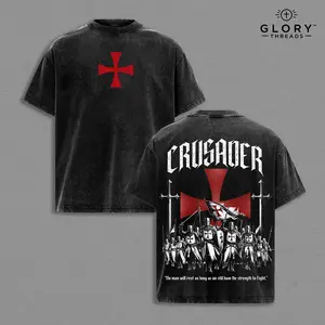Crusader Vintage Washed Oversized T-Shirt, Templar Cross Knight Army Graphic Tee, Medieval Christian Warrior Streetwear Top, Heavy Cotton Dark Gothic Unisex Shirt, Retro Faith Battle Aesthetic
