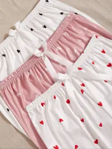 Three-Piece High-Waisted Casual Bow Heart Print Sleepwear Loungewear Set, Cute and Comfortable Soft Lazy Home Pants, Loose Fit Wide Leg