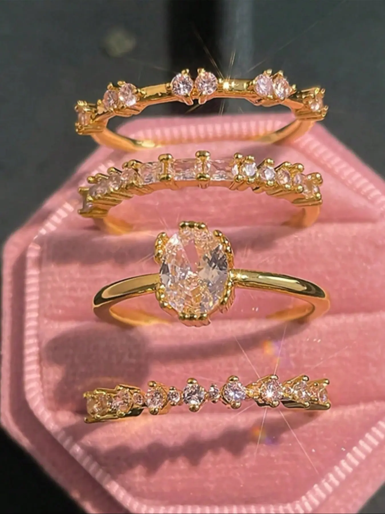 Elegant Solitaire Stackable Geometric Jewelry Rings Set, 4 Pcs Layering Rings, Sparkling Simulated Zirconia, Perfect Gift for Special Occasions