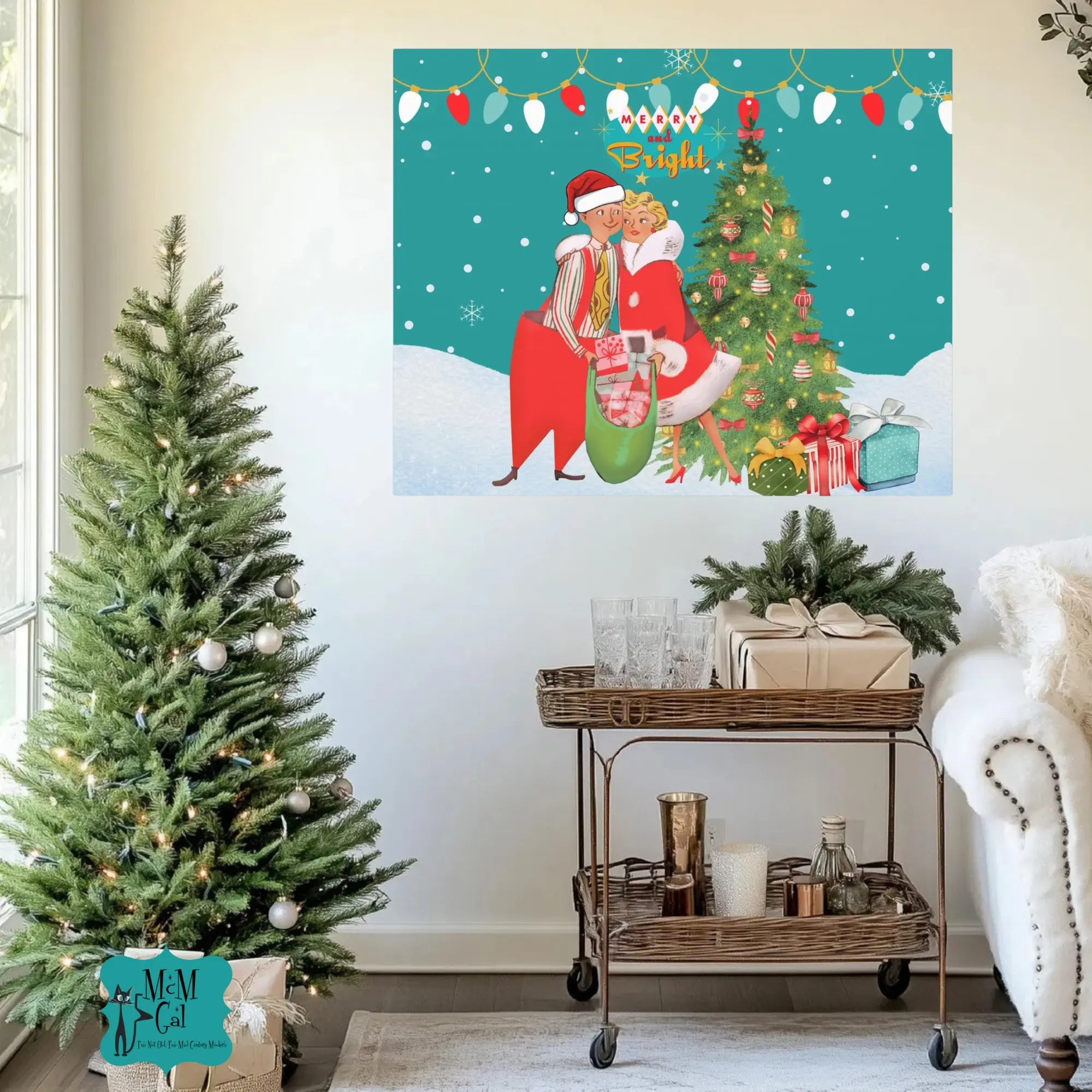 Christmas Mantel Art, Retro Vintage 50s Kitschy Mod Couple Festive Holiday, Whimsical Christmas Wall Decor, Merry & Bright Decor