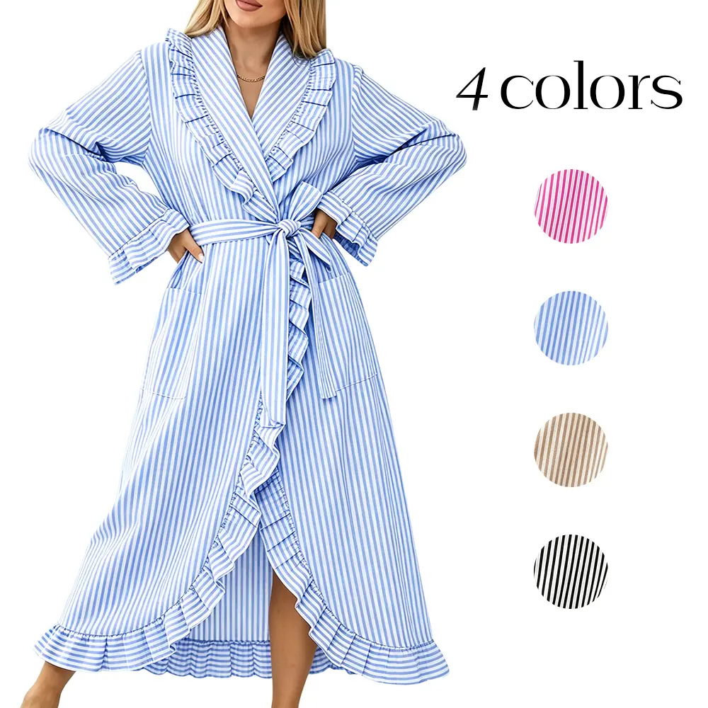Wyeysyt Cotton Robes Women Striped Ruffle Long Bathrobe Cute Sleepwear Wyeysyt Cotton Robes Women Striped Ruffle Long Bathrobe Cute Sleepwear