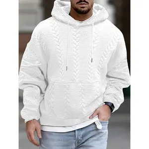 Men’s solid textured drawstring hoodie, casual loose drop-shoulder long-sleeve hooded sweatshirt for fall and winter, men’s clothing for everyday wear