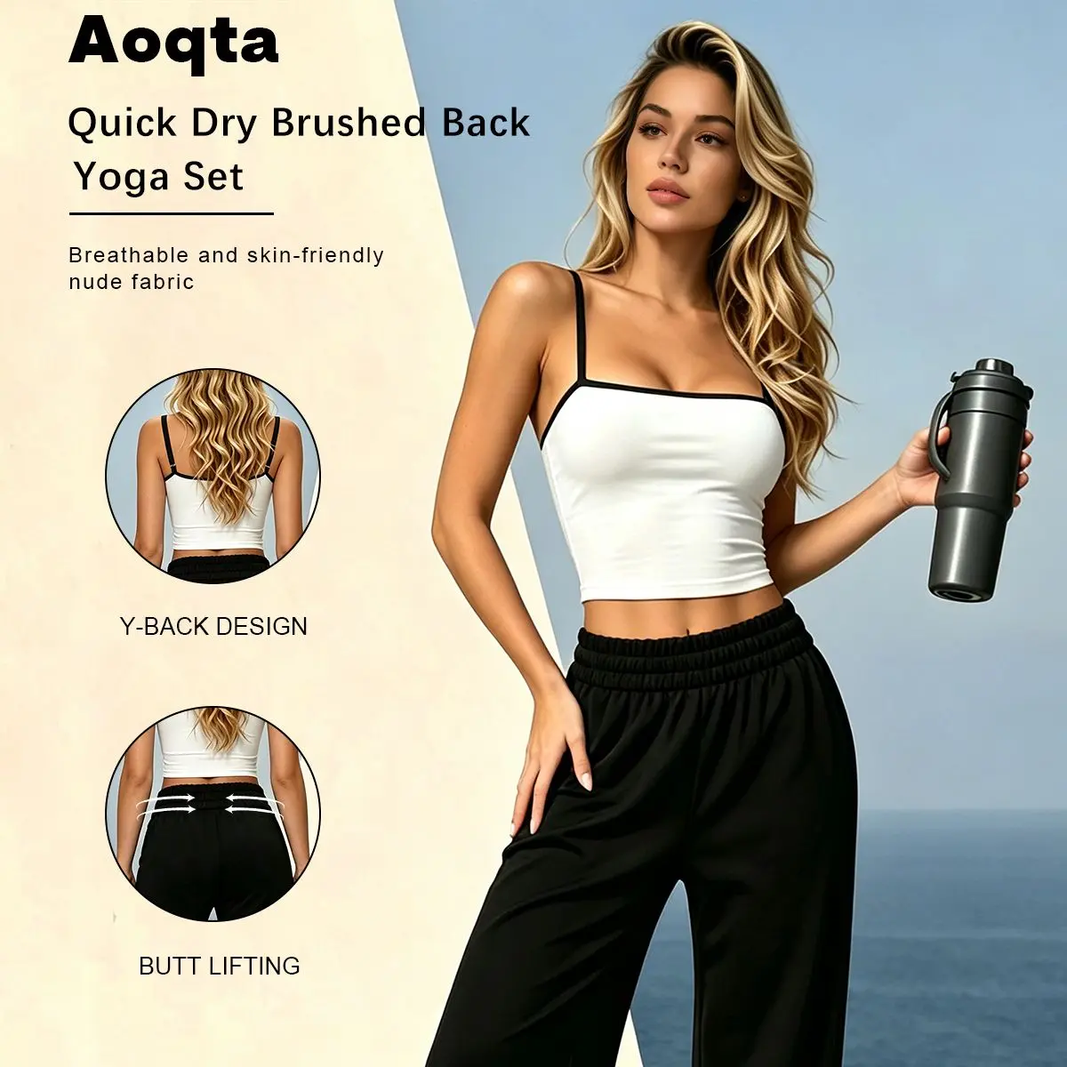 Aoqta Women's Sporty Chic Knitting Square Neck Halter Spaghetti Strap Cropped Workout Tank Top, Black-White Contrast Trim, Quick Dry Stretch Crop Top Activewear, Halter Design