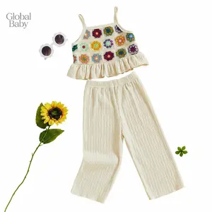 Global Baby 2026  Toddler Baby Girl Summer Outfit Crochet Flower Ruffled Spaghetti Straps Tops and Wide-Leg Pants 2 Pcs Set Outfits Crocheted Flowers/Fruit Ruffled Little Girls Sets