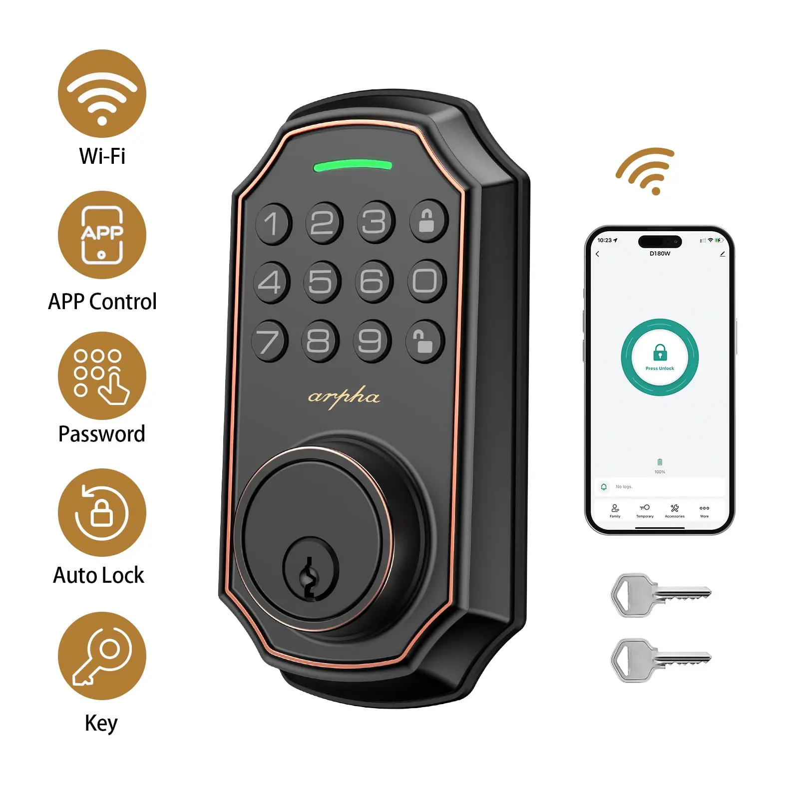 Arpha D180 Keyless Entry Door Lock with Keypad Smart Deadbolt Lock for Front Door 2 Keys Auto Lock Easy Installation Suitable for Various Scenarios Multiple Styles to Choose From with or without APP;Version with and without fingerprint