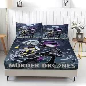 Murder Drones Adult Anime Print Bed Sheet Set, Includes 1 Fitted Sheet & 2 Pillowcases, Comfortable Bedding, Non-Slip Dustproof Cover
