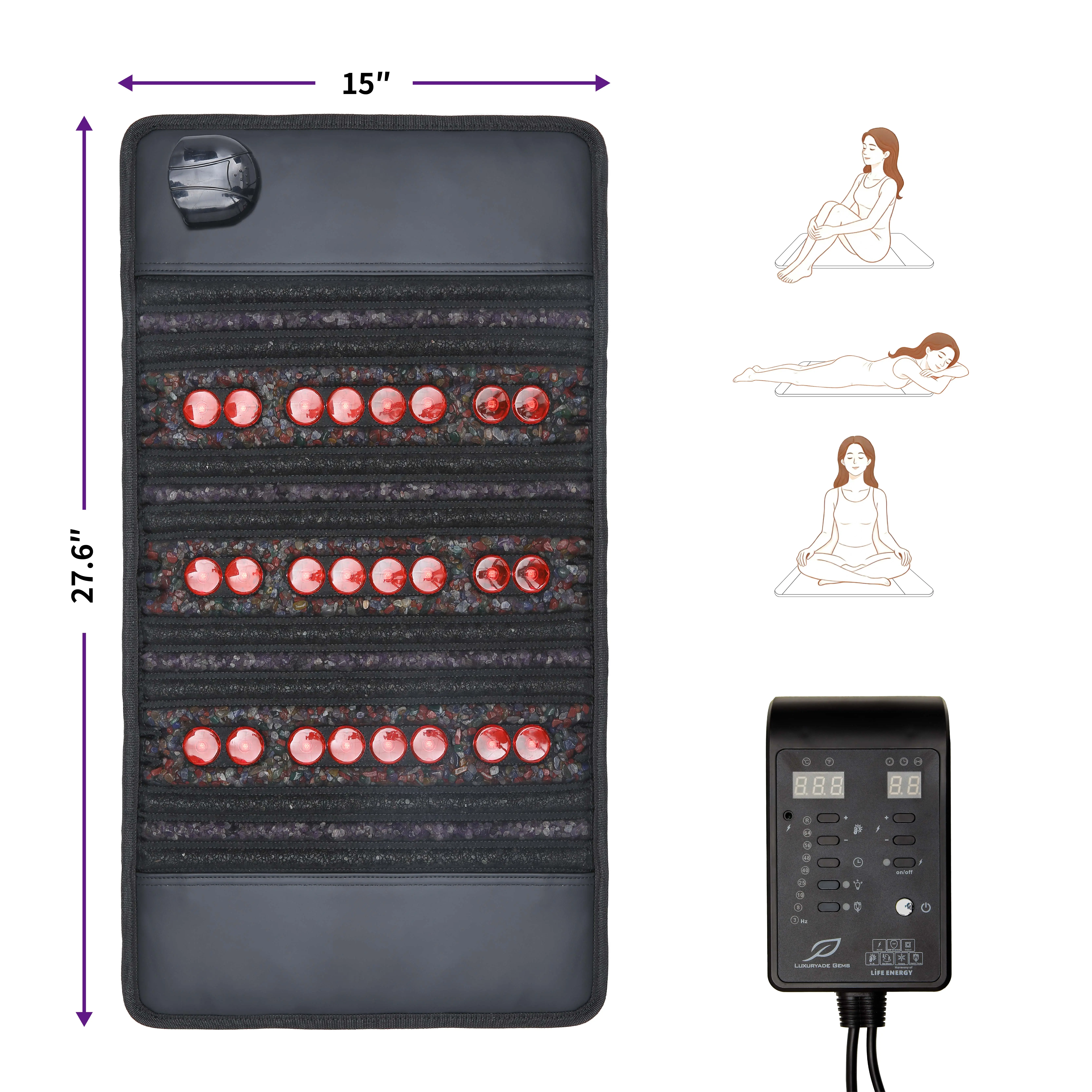 Far Infrared Heating Pad Low EMF with Natural Crystal Stones - 15"x28" Soothing Warm Mat for Stress Relief with 660nm Red Light, Low EMF & Customizable Auto Shut-Off Timer E2608, Portable, Relaxation, Back, Water Resistant, Built-In 24Pcs 660Nm Red Led, F