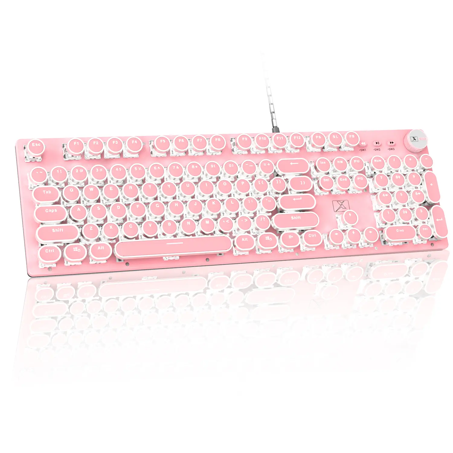 Typewriter Style Retro Wired Mechanical Gaming Keyboard, Vintage Steampunk with White LED Backlit, 104-Key Anti-Ghosting Blue Switch Cute Keyboard, Round Keycaps Knob Control for PC/Win/Mac/Laptop