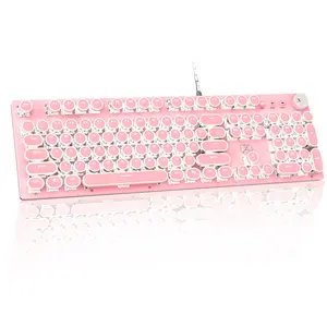 Typewriter Style Retro Wired Mechanical Gaming Keyboard, Vintage Steampunk with White LED Backlit, 104-Key Anti-Ghosting Blue Switch Cute Keyboard, Round Keycaps Knob Control for PC/Win/Mac/Laptop