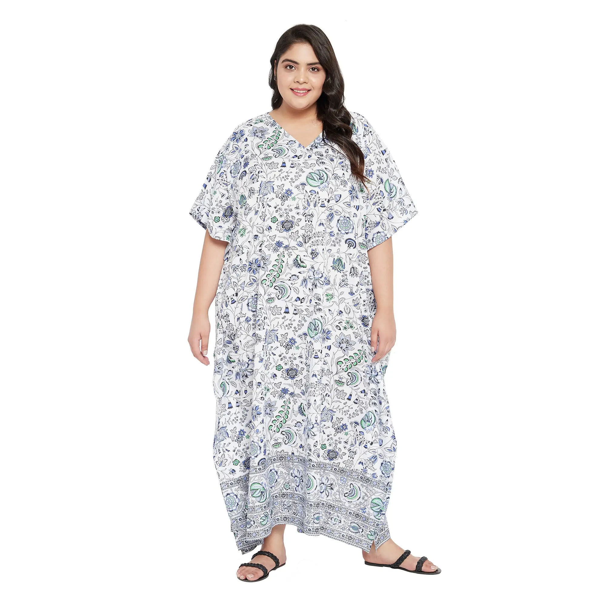 Gypsie Blu Casual Kaftan For Women Polyester Floral Printed Lightweight Comfortable Bohemian Dress V-Neck White Caftan One Size Fits Most