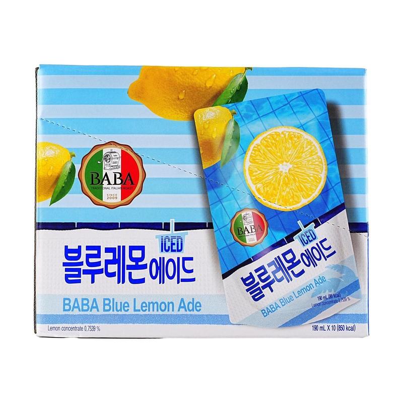 WOONGJIN BABA Ice Blue Lemon Juice Drink 190ml x 10 Packs - Low Calorie, Zero Fat, Refreshing Korean Beverage