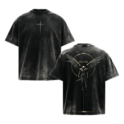 Vintage Acid Wash Angel Graphic Tee Heavy Cotton Oversized Gym Pump Cover Y2K Dark Streetwear Gothic Cross Mens Casual Workout Shirt Retro Harajuku Fashion Aesthetic Double Sided Print T-Shirt Emo Grunge Alt Clothing Edgy Street Style Everyday Wear Tees