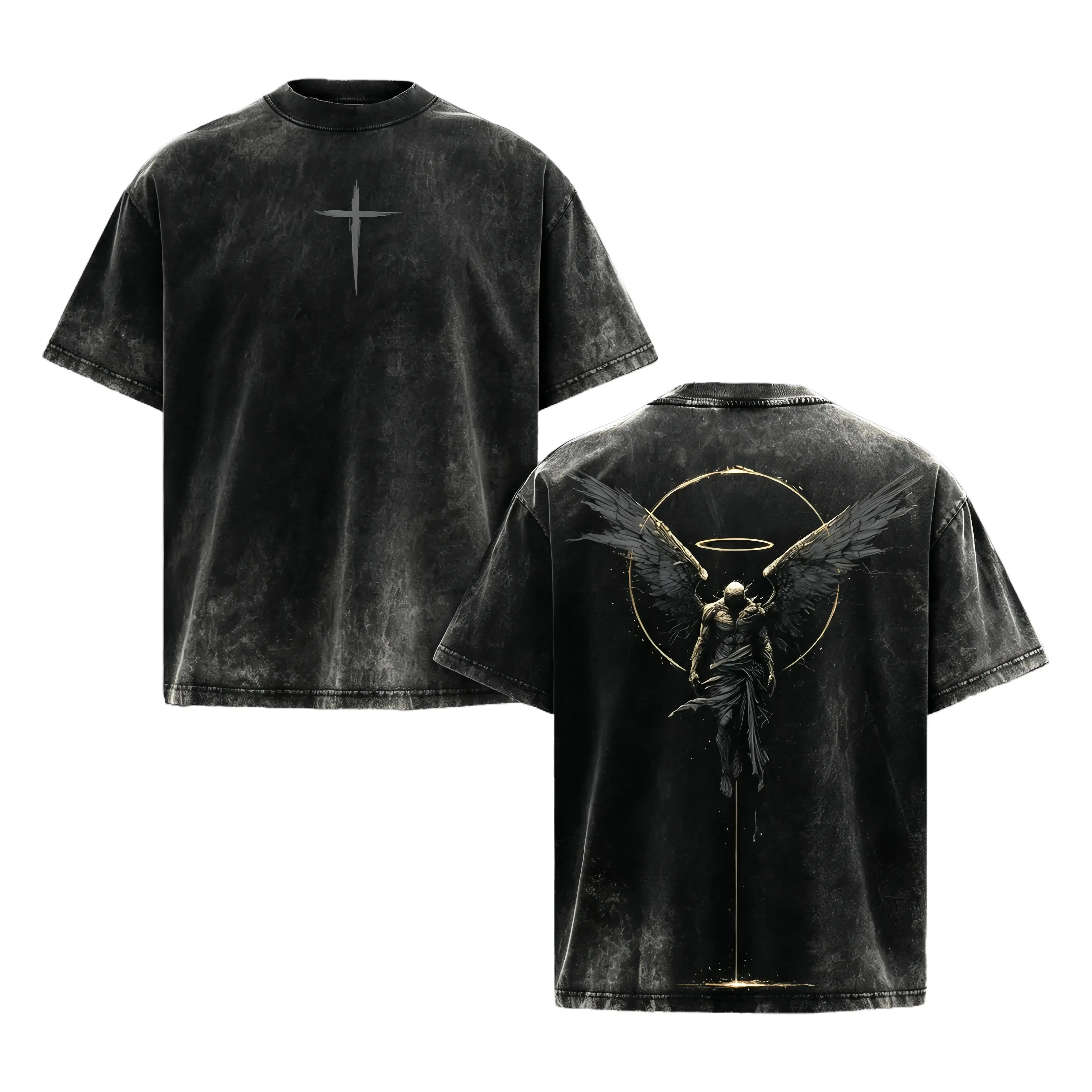 Vintage Acid Wash Angel Graphic Tee Heavy Cotton Oversized Gym Pump Cover Y2K Dark Streetwear Gothic Cross Mens Casual Workout Shirt Retro Harajuku Fashion Aesthetic Double Sided Print T-Shirt Emo Grunge Alt Clothing Edgy Street Style Everyday Wear Tees
