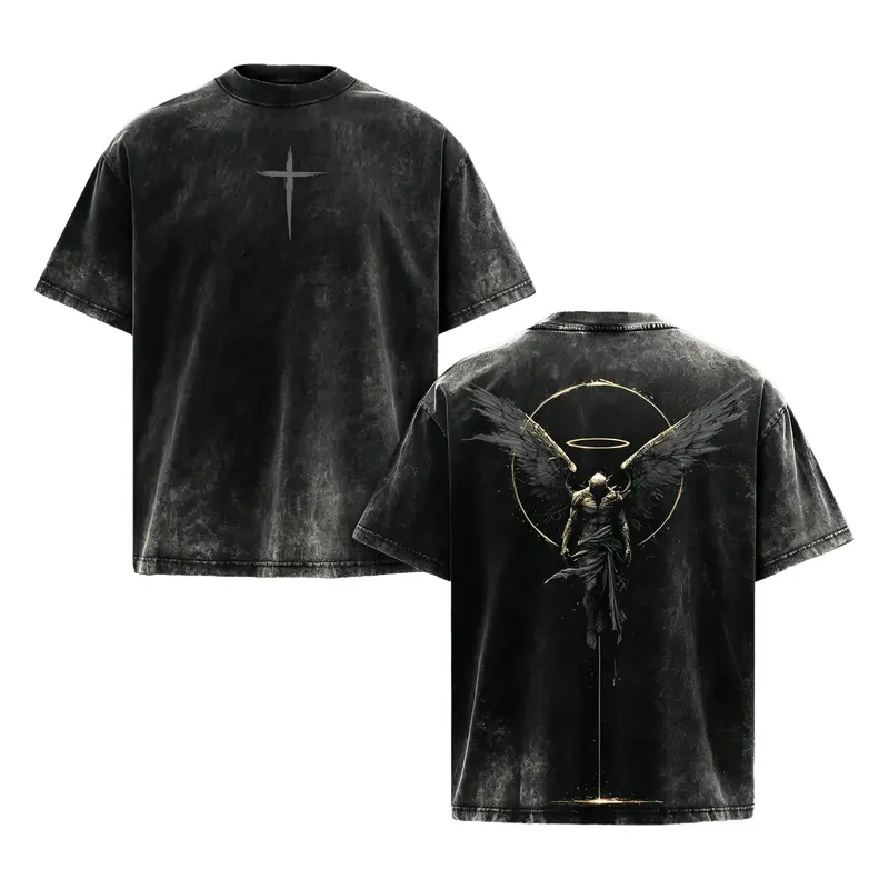 Vintage Acid Wash Angel Graphic Tee Heavy Cotton Oversized Gym Pump Cover Y2K Dark Streetwear Gothic Cross Mens Casual Workout Shirt Retro Harajuku Fashion Aesthetic Double Sided Print T-Shirt Emo Grunge Alt Clothing Edgy Street Style Everyday Wear Tees