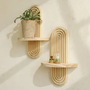 1 Piece Multicolor Natural Wood Geometric Boho Floating Shelf - Arched Mid-Century Modern Wall-Mount Unit, Wall Display Shelves for Living Room, Bathroom Home Decor Supplies
