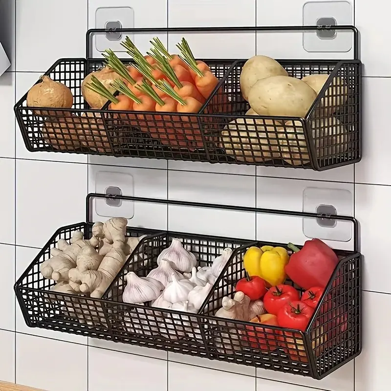 Wall-Mounted Durable Metal Multi-Functional Kitchen Organizer Basket - Space-Saving Home Storage Solution for Vegetables, Garlic, Onion, Countertop and Pantry Clutter-Free Organization