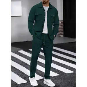 Waffle Knit Jacket Set, Men's Mature Style Commute 2-Piece Outfit